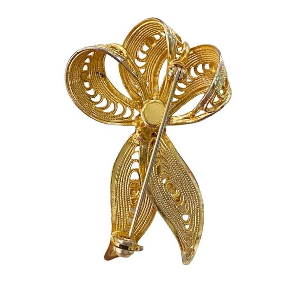 Vintage Goldtone and Faux Pearl Vintage Brooch Filigree Ribbon Shape 1.75" - Picture 9 of 14